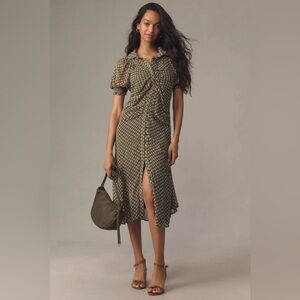 Anthropologie Puff-Sleeve Ruched Mesh Midi Shirt Dress